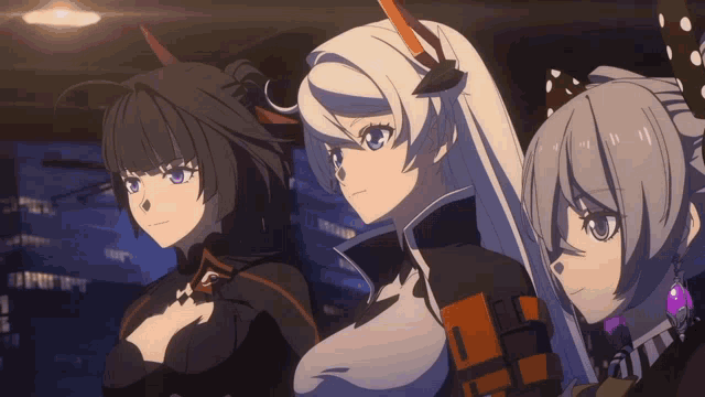 three anime girls are standing next to each other and one has horns
