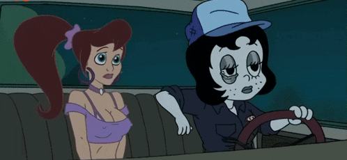 two cartoon characters are sitting in a car with one wearing a hat that says ' g ' on it