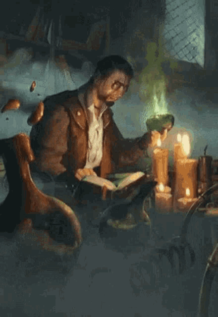 a painting of a man reading a book surrounded by candles .