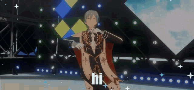 a man is singing into a microphone and the word hi is on the screen