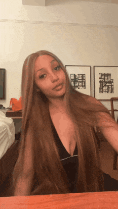 a woman with long hair and a plunging neckline is standing in front of a mirror .