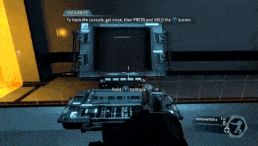 a video game is being played with a data knife to hack the console get close then press and hold the button