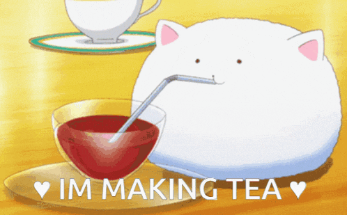 a white cat is drinking a cup of tea with a straw and the words i 'm making tea above it