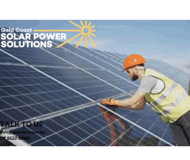 a man is working on a solar panel with the words gold coast solar power solutions behind him