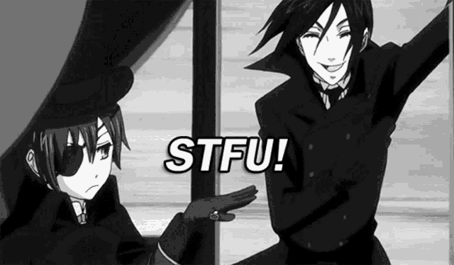 a black and white image of two anime characters with stfu written in white letters