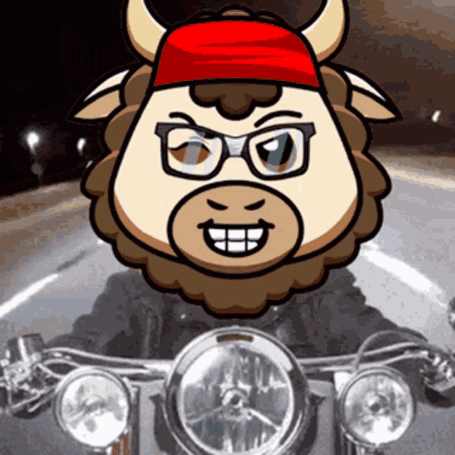 a cartoon bull wearing glasses and a red bandana
