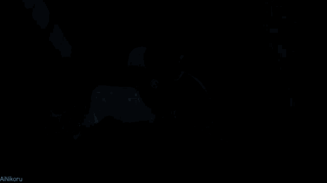 a cartoon character is laying on a bed in a dark room with a window