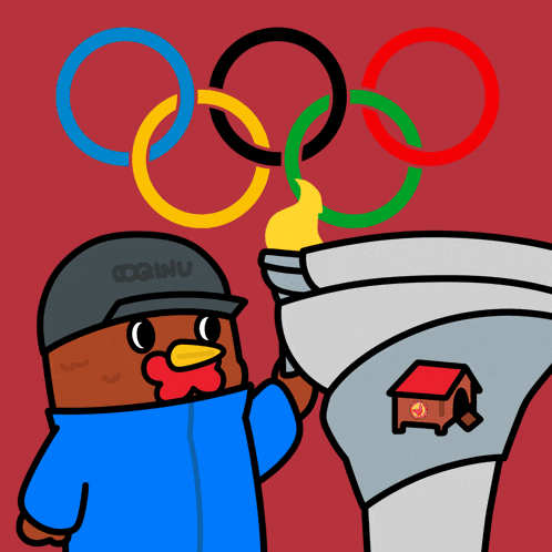 a cartoon of a chicken wearing a coinu hat holding a torch in front of the olympic rings