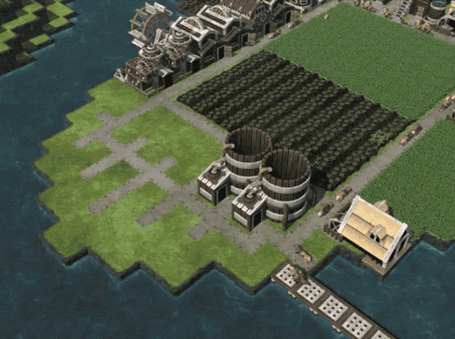 an aerial view of a video game with a dock and barrels in the middle