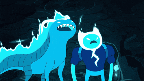 a cartoon character with a lightning bolt on his face is standing next to a blue monster
