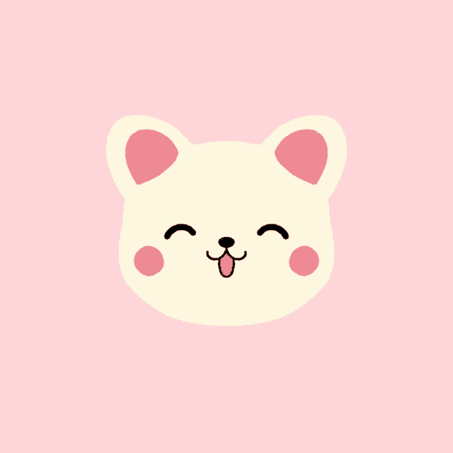 a cartoon cat with pink ears and a tongue sticking out on a pink background