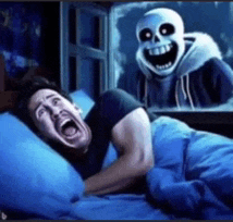 a man is laying in a bed with a skeleton behind him