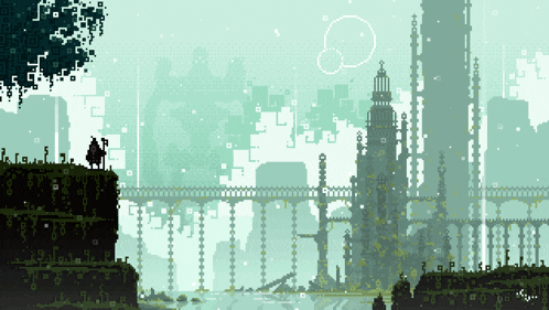 a pixel art drawing of a city with a tower and a bridge