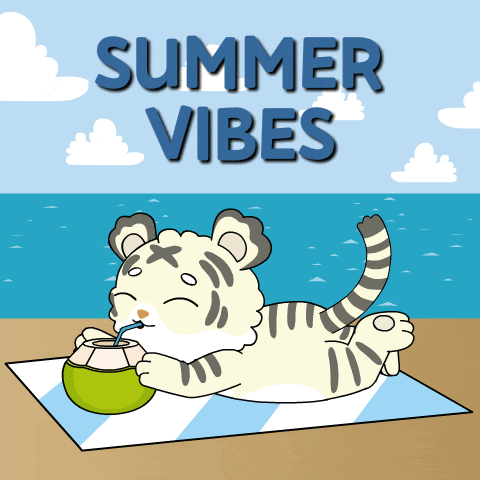 a cartoon of a tiger drinking from a coconut and the words summer vibes