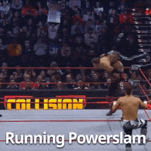 two wrestlers in a ring with the words running powerslam below them