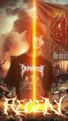 a person wearing a death metal shirt is standing in front of a poster