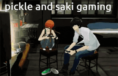 a man and a woman are playing a video game with the words pickle and saki gaming written above them