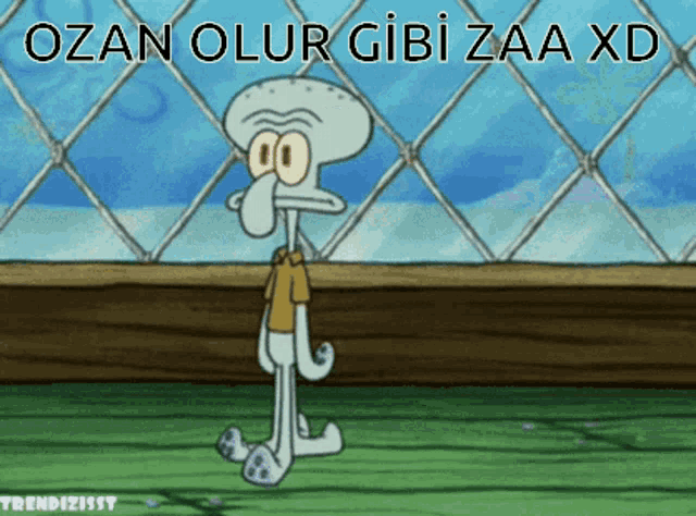 a cartoon of squidward from spongebob squarepants standing in front of a fence