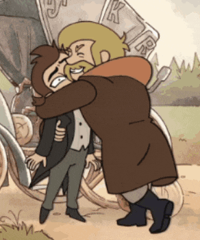 a man in a brown coat is hugging another man in front of a carriage with the letter k on it