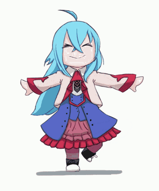 a cartoon of a girl with long blue hair and a red skirt