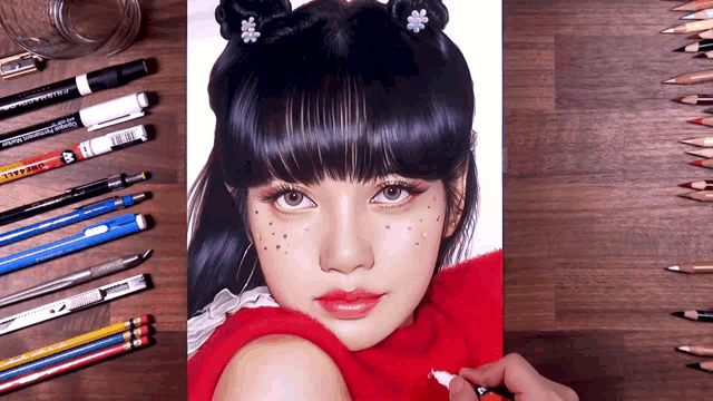 a drawing of a girl 's face is surrounded by pencils and markers