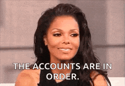 a woman is sitting on a couch with the words `` the accounts are in order '' .