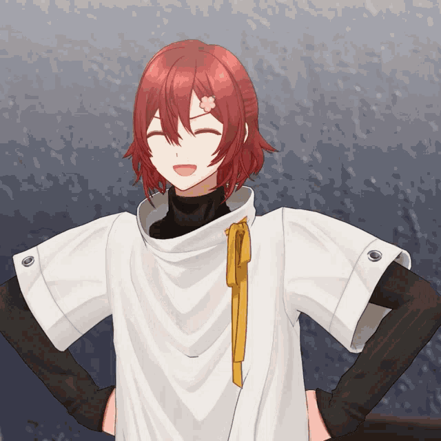 a girl with red hair is wearing a white shirt with black sleeves