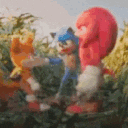 a blurry picture of sonic the hedgehog , knuckles , and tails in a field .