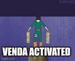 a cartoon character is standing on top of a rock with the words venda activated written below him .