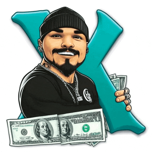 a cartoon of a man holding a dollar bill with a blue x behind him