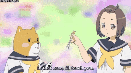 a cartoon dog is holding a pair of chopsticks in its paw .