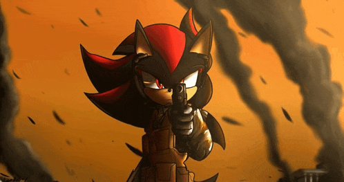 shadow the hedgehog is holding a gun in front of a smokey background