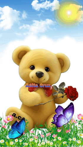 a teddy bear is holding a red rose with the name anita cruz written on it