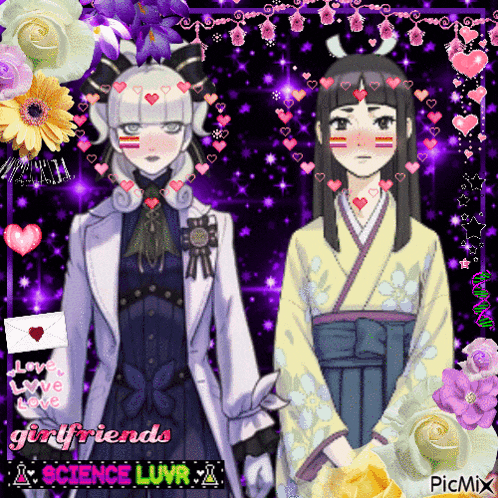 a picture of two anime girls with the words girlfriends science luvr above them