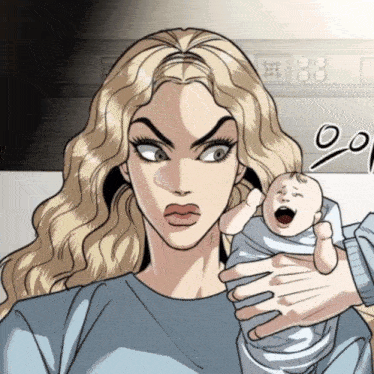 a cartoon of a woman holding a baby with the letter o on the bottom