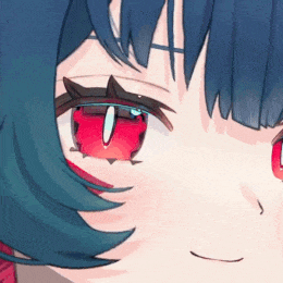 a close up of a anime girl 's face with red eyes