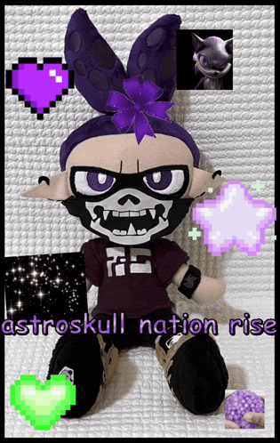 a stuffed animal with the name astroskull nation rise on the bottom right
