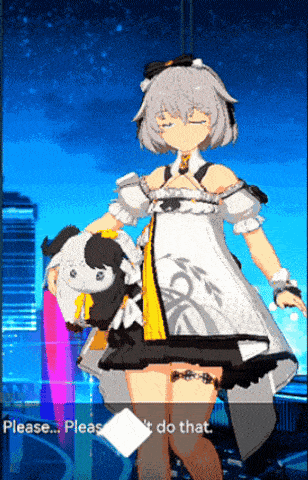 a girl in a white dress is holding a stuffed animal and says please please don 't do that