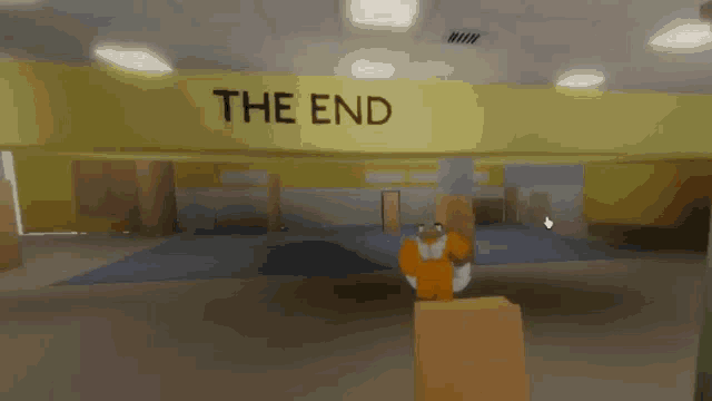a cartoon character is standing in front of a yellow sign that says the end
