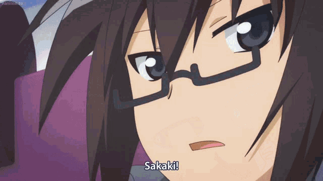 a close up of a cartoon character with sakaki written below it