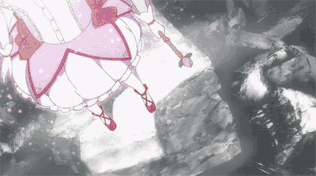 a girl in a pink dress and red shoes is holding a wand