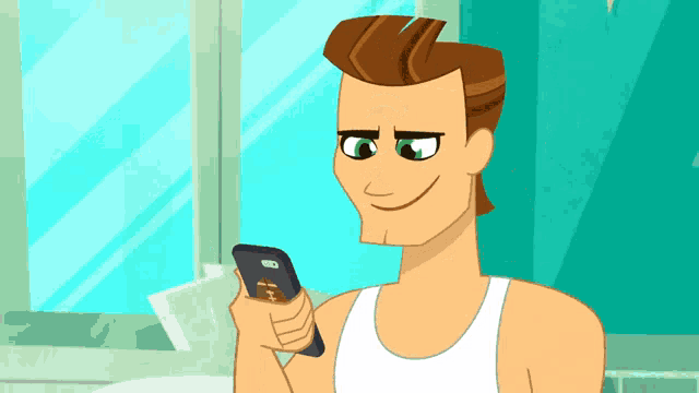 a man in a white tank top is holding a cellphone