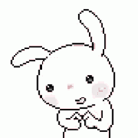 a pixel art drawing of a white rabbit with pink cheeks and a pink nose .