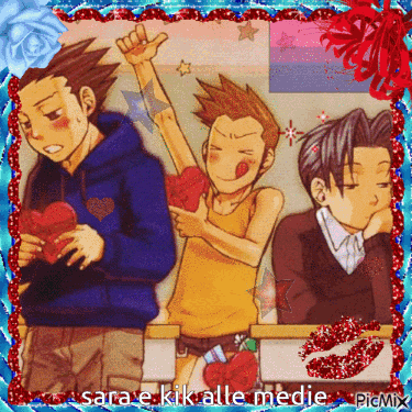 a picture of three anime characters with the words sara e kik alle medje at the bottom