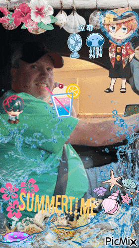 a man in a green shirt is holding a drink with the words summertime on it