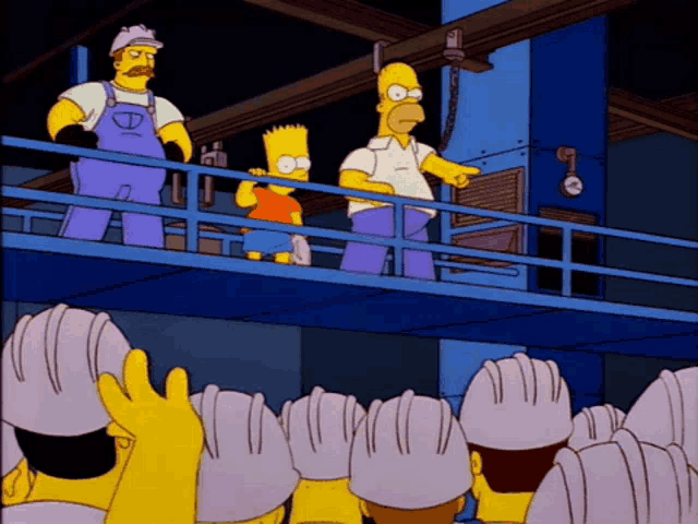 bart simpson and homer simpson standing on a balcony overlooking a crowd