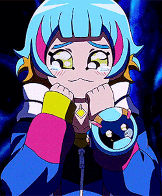 a cartoon character with blue hair and a watch on her arm