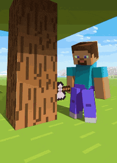 a minecraft character holding an axe standing next to a tree