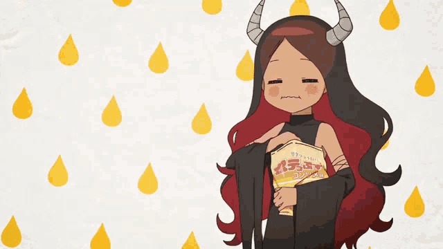 a cartoon drawing of a woman with horns holding a box that says ' crunch ' on it
