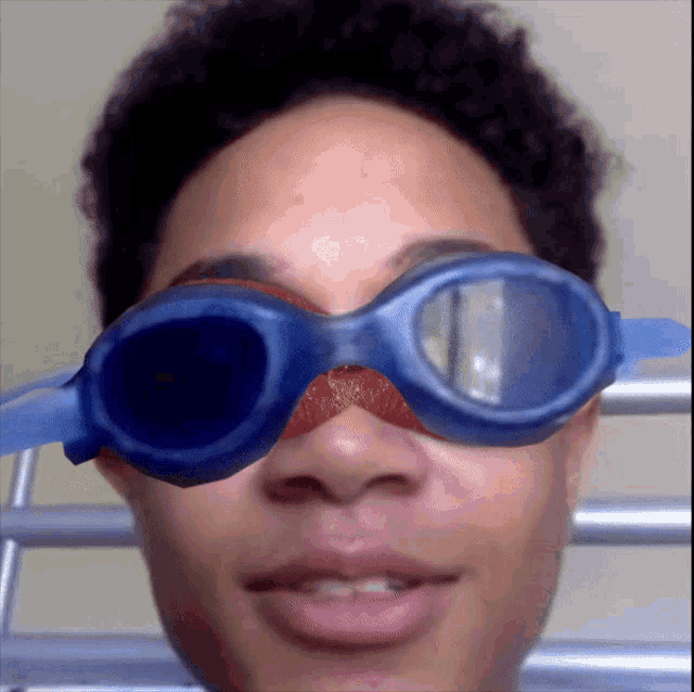a close up of a person wearing goggles on their face